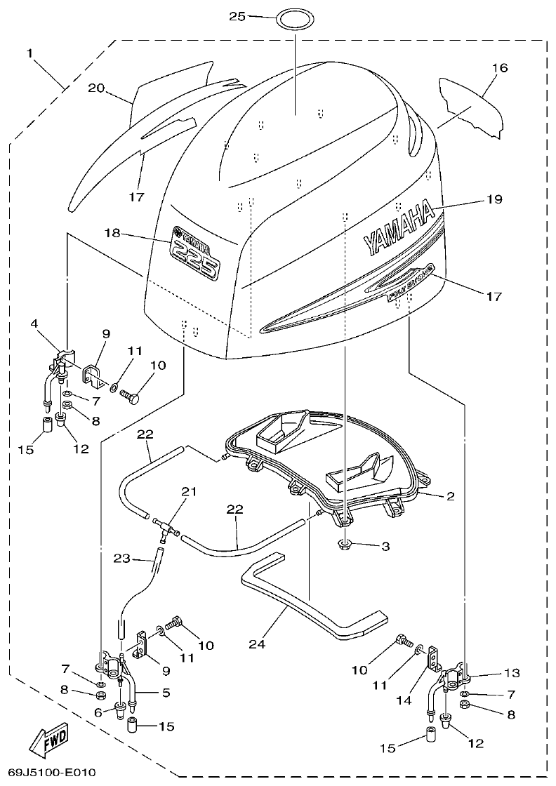 Yamaha F200A, F225A, FL200A, FL225A, F225TR, F200TR, LF225TR, LF200TR TOP COWLING parts diagram